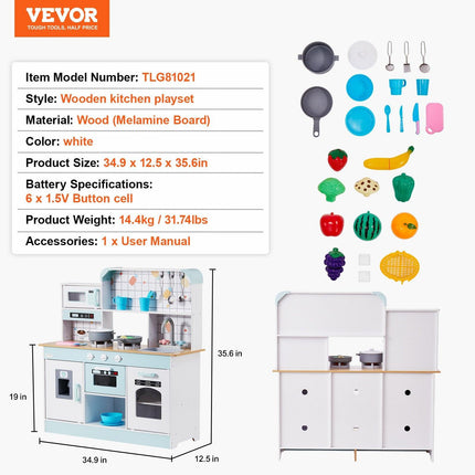 VEVOR Kitchen Playset Kids Pretend Cooking Play Toy 24 Piece Accessories White.