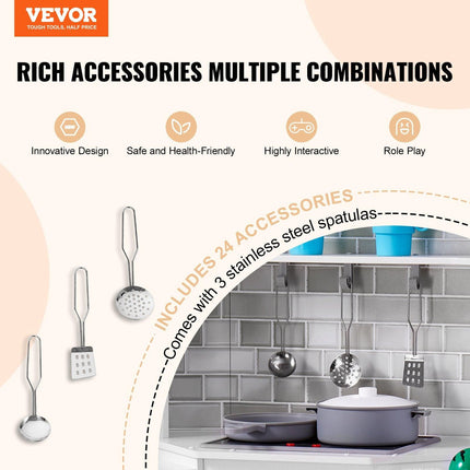 VEVOR Kitchen Playset Kids Pretend Cooking Play Toy 24 Piece Accessories White.
