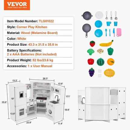 VEVOR Kitchen Playset Kids Pretend Cooking Play Toy 24 Piece Accessories White.
