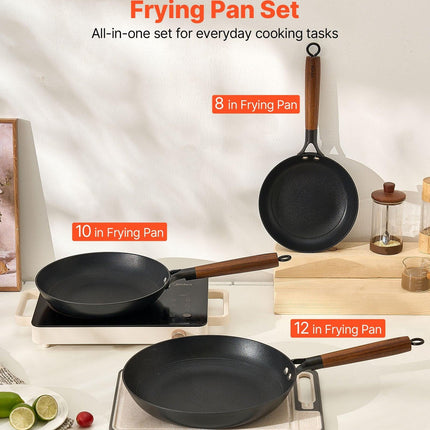 Cast Iron Skillet, 3-Piece Frying Pan Set (205, 265, 310 mm), Nonstick Skillets with Detachable Wood Handle, Pre-Seasoned Chef's Pan, Kitchen Cookware for Gas, Electrical, and Induction, Black.