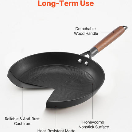 Cast Iron Skillet, 3-Piece Frying Pan Set (205, 265, 310 mm), Nonstick Skillets with Detachable Wood Handle, Pre-Seasoned Chef's Pan, Kitchen Cookware for Gas, Electrical, and Induction, Black.