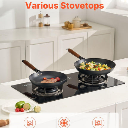 Cast Iron Skillet, 3-Piece Frying Pan Set (205, 265, 310 mm), Nonstick Skillets with Detachable Wood Handle, Pre-Seasoned Chef's Pan, Kitchen Cookware for Gas, Electrical, and Induction, Black.