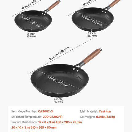 Cast Iron Skillet, 3-Piece Frying Pan Set (205, 265, 310 mm), Nonstick Skillets with Detachable Wood Handle, Pre-Seasoned Chef's Pan, Kitchen Cookware for Gas, Electrical, and Induction, Black.