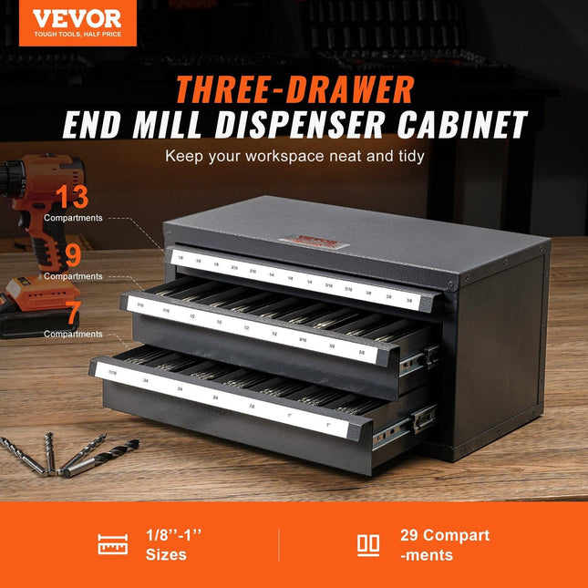 End Mill Dispenser Cabinet, Three-Drawer End Mill Organizer Cabinet for 1/8" to 1", Steel End Mill Dispenser Organizer Cabinet with Labels, 29-Compartment Stackable for End Mill Storage.
