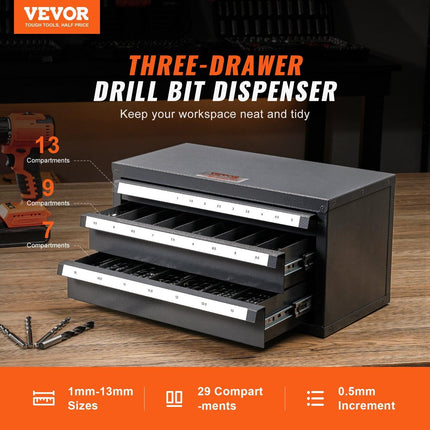 Drill Bit Dispenser Cabinet, Three-Drawer Drill Bit Organizer Cabinet for 1mm to 13mm, Steel Drill Dispenser Organizer Cabinet with Labels, Stackable Drill Dispenser for Drill Bit Storage.