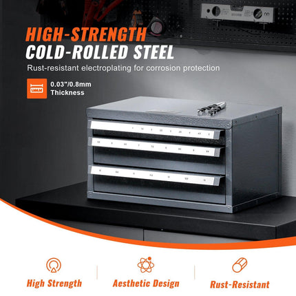 Drill Bit Dispenser Cabinet, Three-Drawer Drill Bit Organizer Cabinet for 1mm to 13mm, Steel Drill Dispenser Organizer Cabinet with Labels, Stackable Drill Dispenser for Drill Bit Storage.