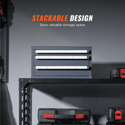 Drill Bit Dispenser Cabinet, Three-Drawer Drill Bit Organizer Cabinet for 1mm to 13mm, Steel Drill Dispenser Organizer Cabinet with Labels, Stackable Drill Dispenser for Drill Bit Storage.