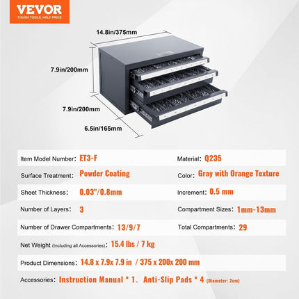 Drill Bit Dispenser Cabinet, Three-Drawer Drill Bit Organizer Cabinet for 1mm to 13mm, Steel Drill Dispenser Organizer Cabinet with Labels, Stackable Drill Dispenser for Drill Bit Storage.
