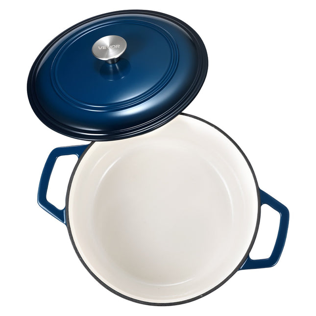 Enameled Cast Iron Dutch Oven, 5.7L Pot with Lid and Dual Handles, Heavy-Duty Durable Cookware Pan, Oven Induction Compatible up to 260 ℃, for Braising, Stews, Roasting, Bread Baking, Blue.