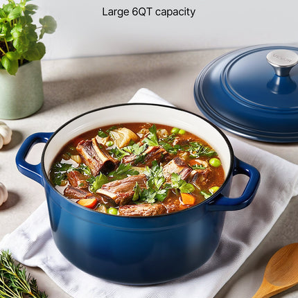 Enameled Cast Iron Dutch Oven, 5.7L Pot with Lid and Dual Handles, Heavy-Duty Durable Cookware Pan, Oven Induction Compatible up to 260 ℃, for Braising, Stews, Roasting, Bread Baking, Blue.