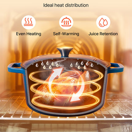 Enameled Cast Iron Dutch Oven, 5.7L Pot with Lid and Dual Handles, Heavy-Duty Durable Cookware Pan, Oven Induction Compatible up to 260 ℃, for Braising, Stews, Roasting, Bread Baking, Blue.