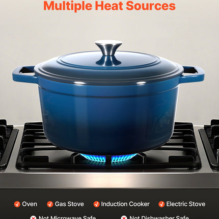 Enameled Cast Iron Dutch Oven, 5.7L Pot with Lid and Dual Handles, Heavy-Duty Durable Cookware Pan, Oven Induction Compatible up to 260 ℃, for Braising, Stews, Roasting, Bread Baking, Blue.