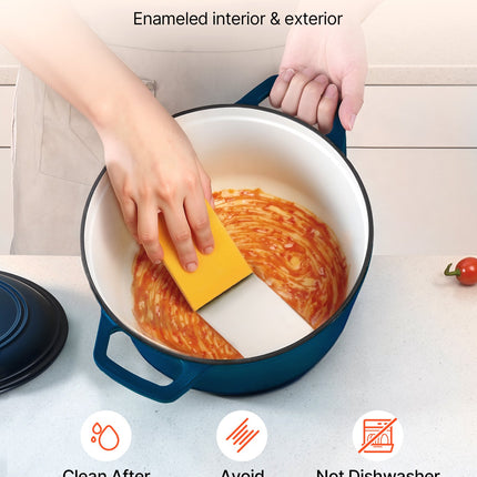 Enameled Cast Iron Dutch Oven, 5.7L Pot with Lid and Dual Handles, Heavy-Duty Durable Cookware Pan, Oven Induction Compatible up to 260 ℃, for Braising, Stews, Roasting, Bread Baking, Blue.