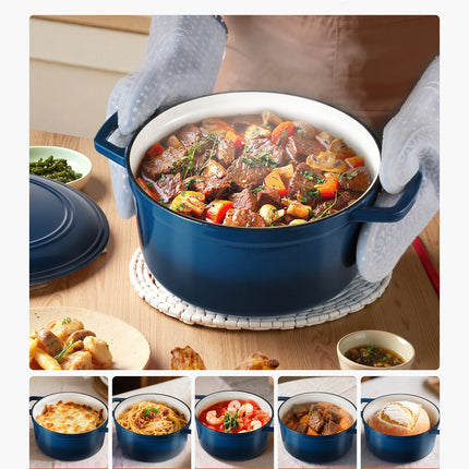 Enameled Cast Iron Dutch Oven, 5.7L Pot with Lid and Dual Handles, Heavy-Duty Durable Cookware Pan, Oven Induction Compatible up to 260 ℃, for Braising, Stews, Roasting, Bread Baking, Blue.