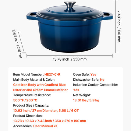Enameled Cast Iron Dutch Oven, 5.7L Pot with Lid and Dual Handles, Heavy-Duty Durable Cookware Pan, Oven Induction Compatible up to 260 ℃, for Braising, Stews, Roasting, Bread Baking, Blue.