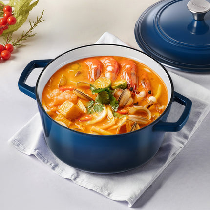 Enameled Cast Iron Dutch Oven, 5.7L Pot with Lid and Dual Handles, Heavy-Duty Durable Cookware Pan, Oven Induction Compatible up to 260 ℃, for Braising, Stews, Roasting, Bread Baking, Blue.