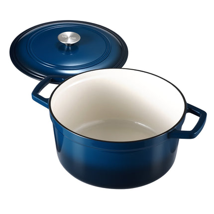 Enameled Cast Iron Dutch Oven, 5.7L Pot with Lid and Dual Handles, Heavy-Duty Durable Cookware Pan, Oven Induction Compatible up to 260 ℃, for Braising, Stews, Roasting, Bread Baking, Blue.
