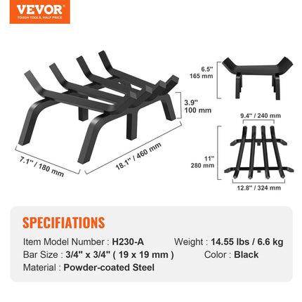 Fireplace Log Grate, 18 inch Heavy Duty Fireplace Grate with 6 Support Legs, Solid Powder-coated Steel Bars, Log Firewood Burning Rack Holder for Indoor and Outdoor Fireplace.