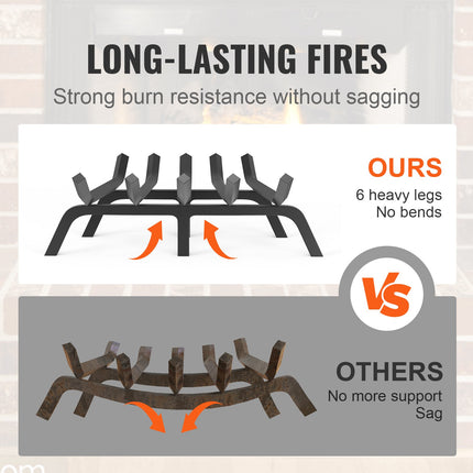 Fireplace Log Grate, 609.6mm Heavy Duty Fireplace Grate with 6 Support Legs, 19.05mm Solid Powder-coated Steel Bars, Log Firewood Burning Rack Holder for Indoor and Outdoor Fireplace.
