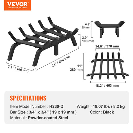 Fireplace Log Grate, 609.6mm Heavy Duty Fireplace Grate with 6 Support Legs, 19.05mm Solid Powder-coated Steel Bars, Log Firewood Burning Rack Holder for Indoor and Outdoor Fireplace.