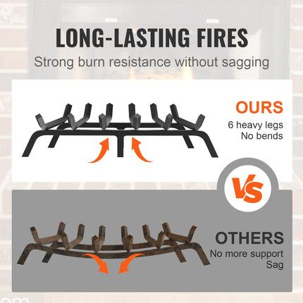 Fireplace Log Grate, 685.8mm Heavy Duty Fireplace Grate with 6 Support Legs, 19.05mm Solid Powder-coated Steel Bars, Log Firewood Burning Rack Holder for Indoor and Outdoor Fireplace.