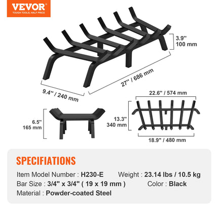 Fireplace Log Grate, 685.8mm Heavy Duty Fireplace Grate with 6 Support Legs, 19.05mm Solid Powder-coated Steel Bars, Log Firewood Burning Rack Holder for Indoor and Outdoor Fireplace.
