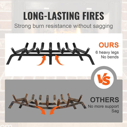 Fireplace Log Grate, 762mm Heavy Duty Fireplace Grate with 6 Support Legs, 19.05mm Solid Powder-coated Steel Bars, Log Firewood Burning Rack Holder for Indoor and Outdoor Fireplace.