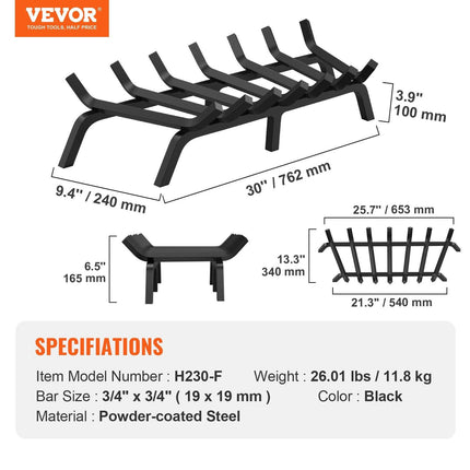 Fireplace Log Grate, 762mm Heavy Duty Fireplace Grate with 6 Support Legs, 19.05mm Solid Powder-coated Steel Bars, Log Firewood Burning Rack Holder for Indoor and Outdoor Fireplace.