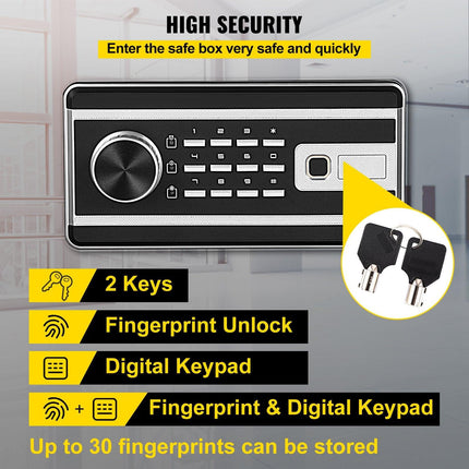 Safe Box, 2.1 CU.FT Fingerprint Safe Box for Money w/ 2 Keys & Digital Keypad, Q235 Steel Safe Box for Storing Cash, Jewelry, Pistols, Documents, Watches in Home & Office & Hotel.