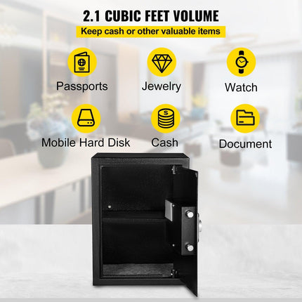 Safe Box, 2.1 CU.FT Fingerprint Safe Box for Money w/ 2 Keys & Digital Keypad, Q235 Steel Safe Box for Storing Cash, Jewelry, Pistols, Documents, Watches in Home & Office & Hotel.