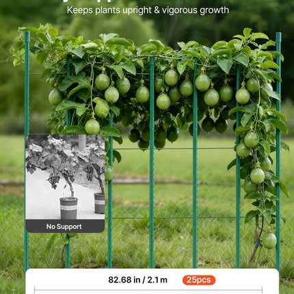 Garden Stakes, 25 Pack, 2100 mm, Plastic Coated Metal Tomato Stakes, Garden Sticks for Plants Support, with Pointed End and Non-Slip Bumps for Growing Climbing Plants, Outdoor Vegetables.
