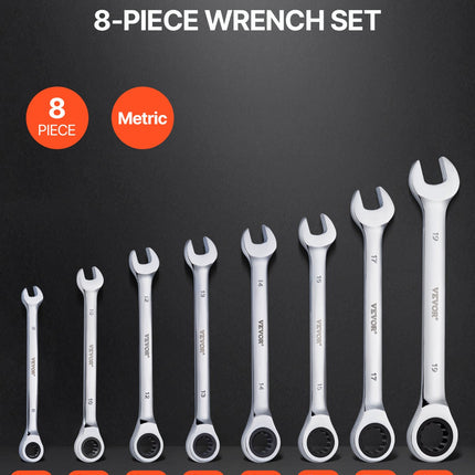 Combination Wrench Set 8-Piece Metric 8 mm to 19 mm with Organizer Rack.