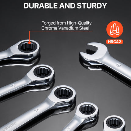 Combination Wrench Set 8-Piece Metric 8 mm to 19 mm with Organizer Rack.