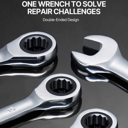 Combination Wrench Set 8-Piece Metric 8 mm to 19 mm with Organizer Rack.