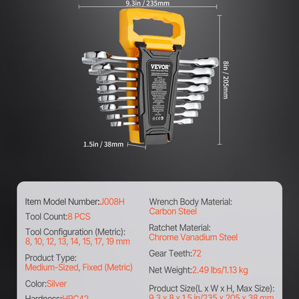 Combination Wrench Set 8-Piece Metric 8 mm to 19 mm with Organizer Rack.