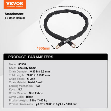 Bike Chain Lock, 5.91 Ft Security Bicycle Chain Lock, Heavy Duty Metal Steel Anti-Theft High Security Bike Locks, Perfect for Bike, Motorcycle, Scooter, Bicycle, Door, Fence, Gate, 9.5mm, Black.