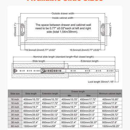 1 Pair 16-60 in Soft-Close Drawer Slides Ball Bearing Full Extension.