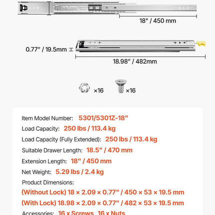 1 Pair 16-60 in Soft-Close Drawer Slides Ball Bearing Full Extension.