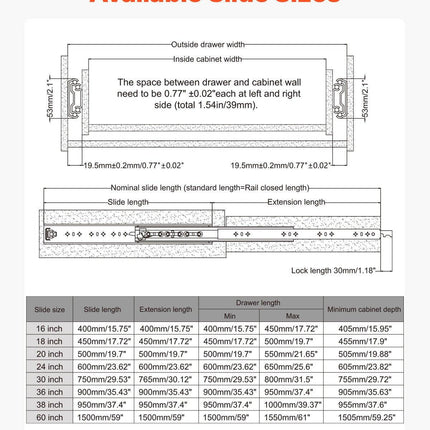 1 Pair 16-60 in Soft-Close Drawer Slides Ball Bearing Full Extension.