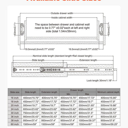 1 Pair 16-60 in Soft-Close Drawer Slides Ball Bearing Full Extension.