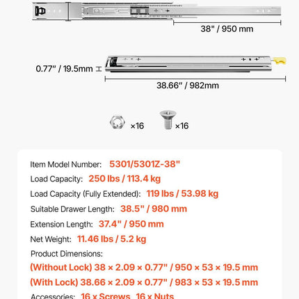 1 Pair 16-60 in Soft-Close Drawer Slides Ball Bearing Full Extension.