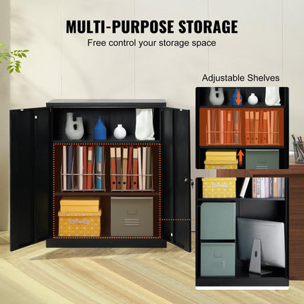Metal Storage Cabinet w/ 3 Keys 2 Adjustable Shelves & Magnetic Door Black.