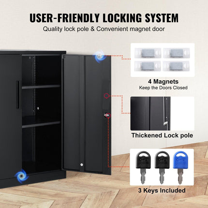 Metal Storage Cabinet w/ 3 Keys 2 Adjustable Shelves & Magnetic Door Black.