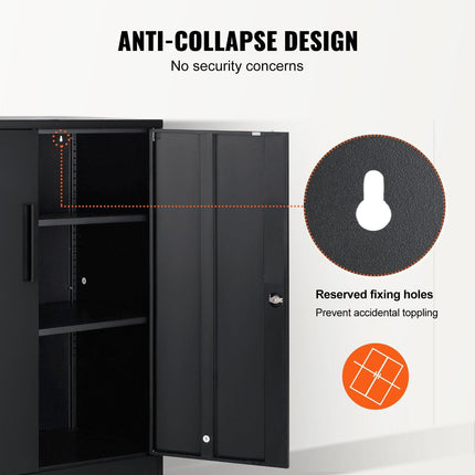 Metal Storage Cabinet w/ 3 Keys 2 Adjustable Shelves & Magnetic Door Black.