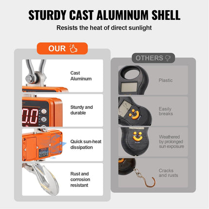Digital Crane Scale, 2200 lbs/1000 kg, Industrial Heavy Duty Hanging Scale with Remote Control, Cast Aluminum Case & LED Screen, High Precision for Construction, Factory, Farm, Hunting (Orange).