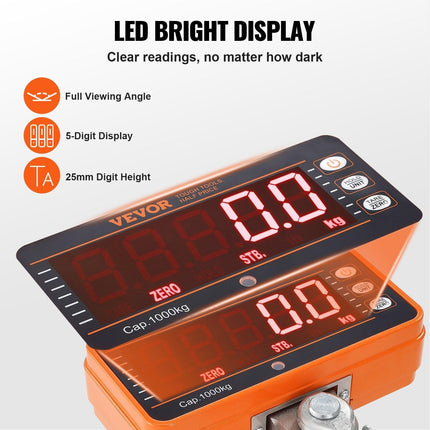 Digital Crane Scale, 2200 lbs/1000 kg, Industrial Heavy Duty Hanging Scale with Remote Control, Cast Aluminum Case & LED Screen, High Precision for Construction, Factory, Farm, Hunting (Orange).