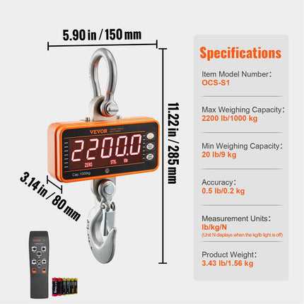 Digital Crane Scale, 2200 lbs/1000 kg, Industrial Heavy Duty Hanging Scale with Remote Control, Cast Aluminum Case & LED Screen, High Precision for Construction, Factory, Farm, Hunting (Orange).