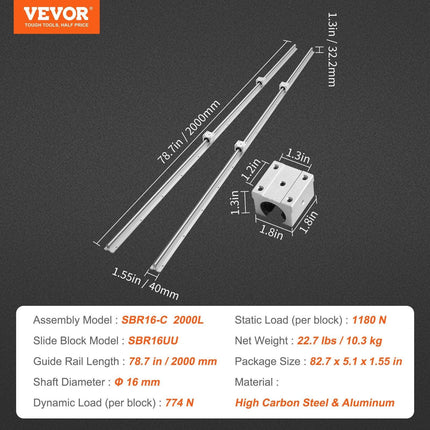 Linear Guide Rail Set, SBR16 2000mm, 2 PCS 78.7 in/2000 mm SBR16 Guide Rails and 4 PCS SBR16UU Slide Blocks, Linear Rails and Bearings Kit for Automated Machines DIY Project CNC Router Machines.