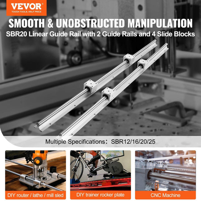 Linear Guide Rail Set, SBR20 1000mm, 2 PCS 39.4 in/1000 mm SBR20 Guide Rails and 4 PCS SBR20UU Slide Blocks, Linear Rails and Bearings Kit for Automated Machines DIY Project CNC Router Machines.