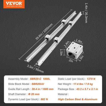 Linear Guide Rail Set, SBR20 1000mm, 2 PCS 39.4 in/1000 mm SBR20 Guide Rails and 4 PCS SBR20UU Slide Blocks, Linear Rails and Bearings Kit for Automated Machines DIY Project CNC Router Machines.